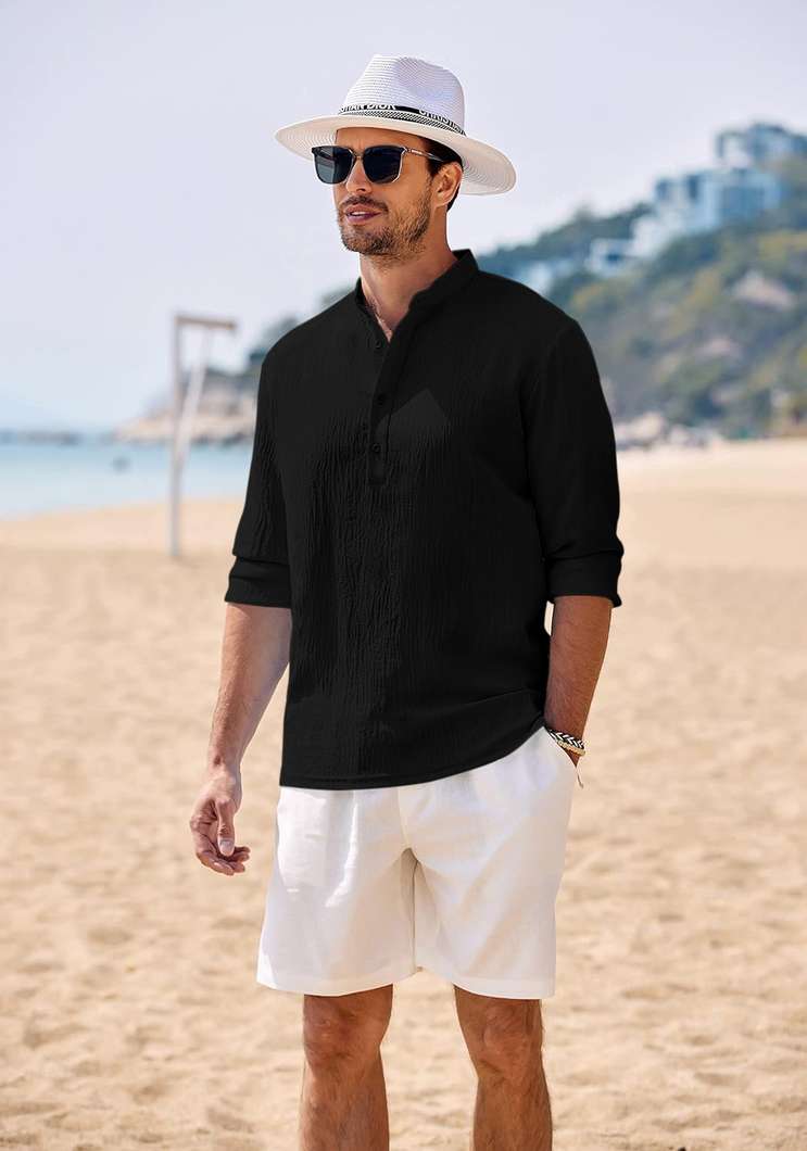 HEMADHAV Men Solid Cotton Blend Straight Kurta (Black)
