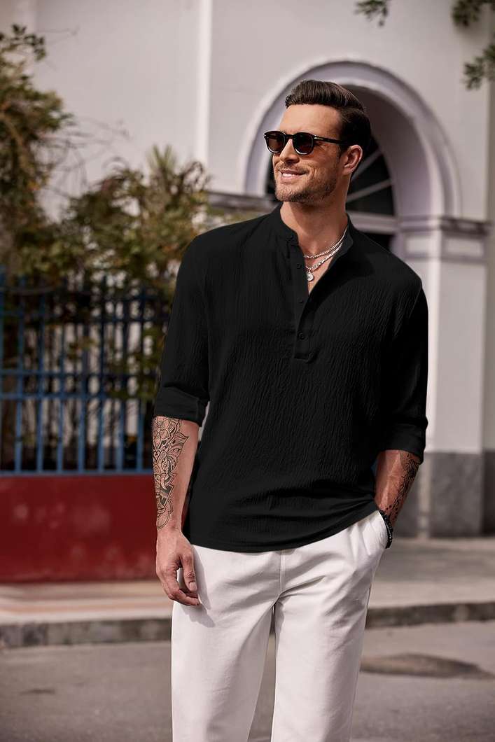 HEMADHAV Men Solid Cotton Blend Straight Kurta (Black)
